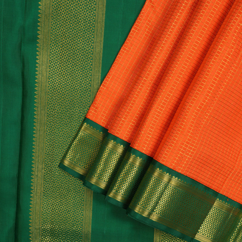 Hayagrivas Handloom Orange Kanjivaram Ten Yards Silk Saree with Bottle Green Border KBE1234I10-1
