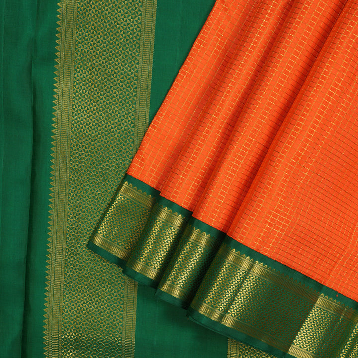 Hayagrivas Handloom Orange Kanjivaram Ten Yards Silk Saree with Bottle Green Border KBE1234I10-1