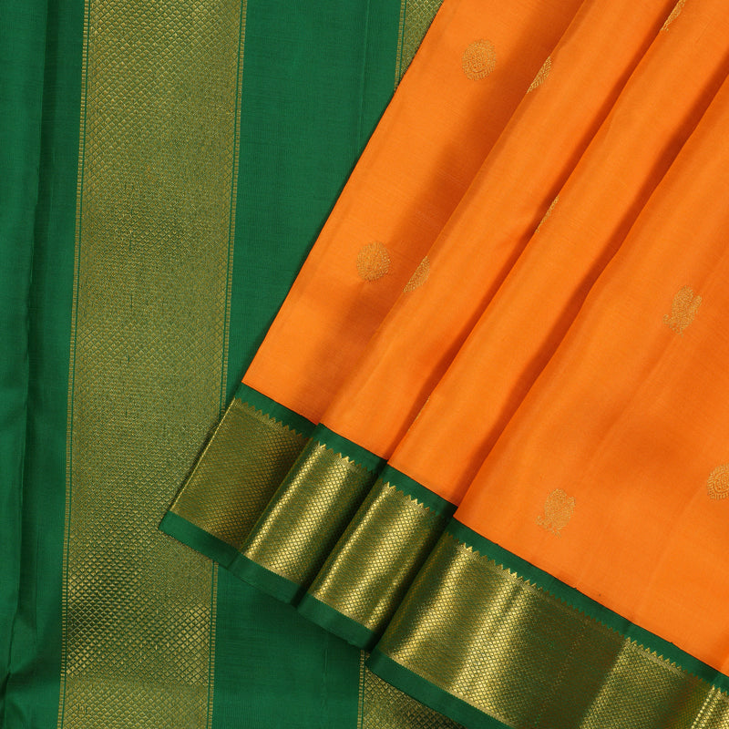 Hayagrivas Handloom Orange Kanjivaram Ten Yards Silk Saree with Bottle Green Border KBE1234I13-1