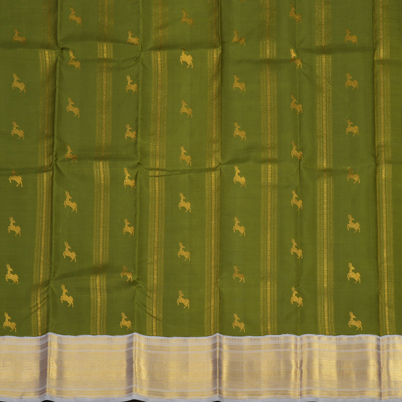Hayagrivas Handloom Mehandi Green Kanjivaram Pattu Pavadai with Lilac Border KBE1234I3-1