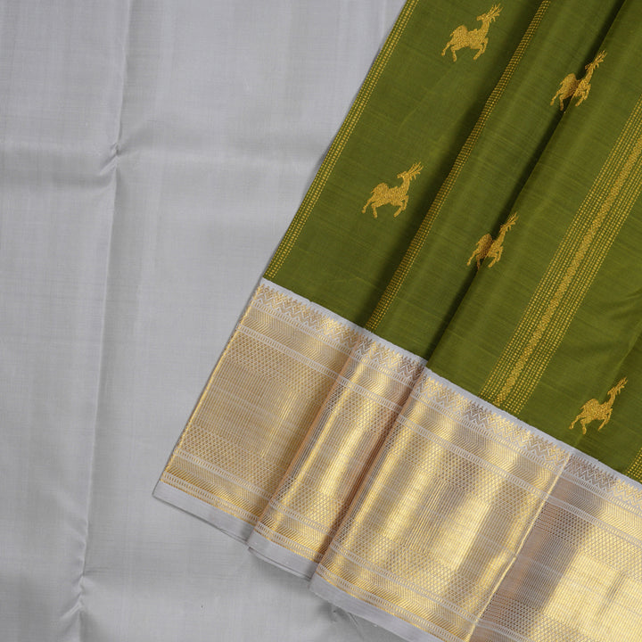 Hayagrivas Handloom Mehandi Green Kanjivaram Pattu Pavadai with Lilac Border KBE1234I3-1