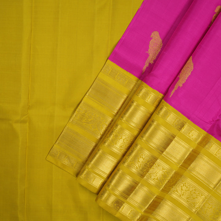Hayagrivas Handloom Magenta Kanjivaram Pattu Pavadai with Sampanga Yellow border KBE1234I7-1