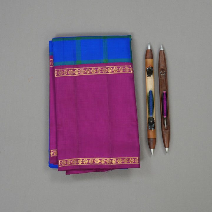 Hayagrivas Handloom Blue & Green Checks Kanjivaram Silk Saree with Purple Border KBE1235I12-1