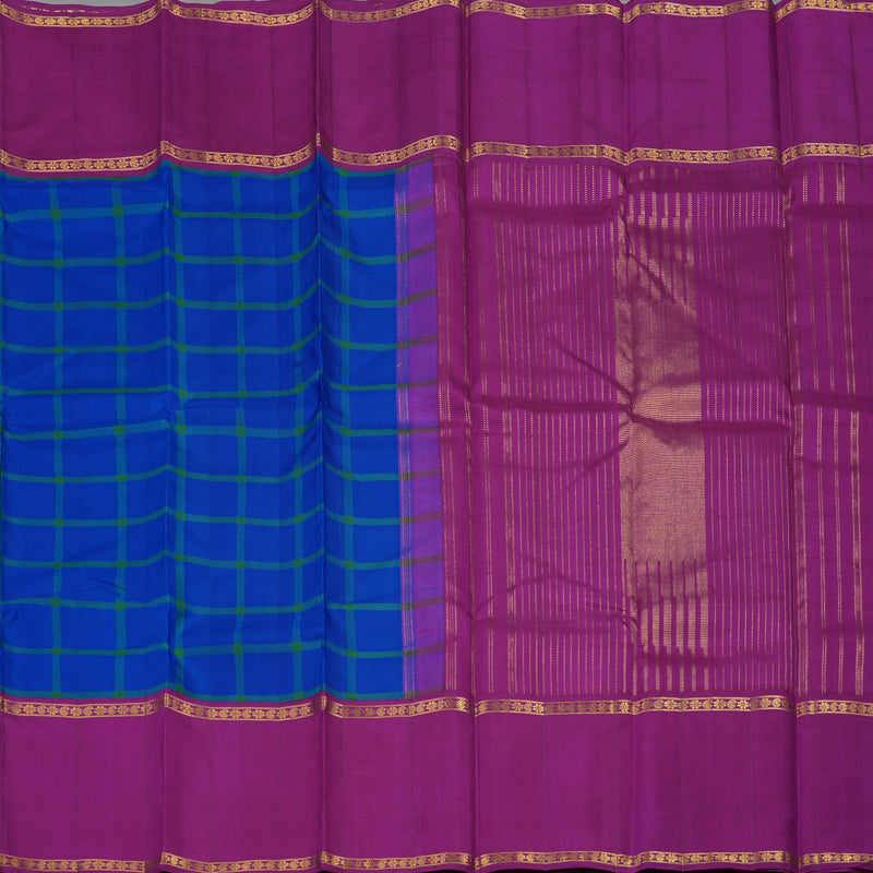 Hayagrivas Handloom Blue & Green Checks Kanjivaram Silk Saree with Purple Border KBE1235I12-1