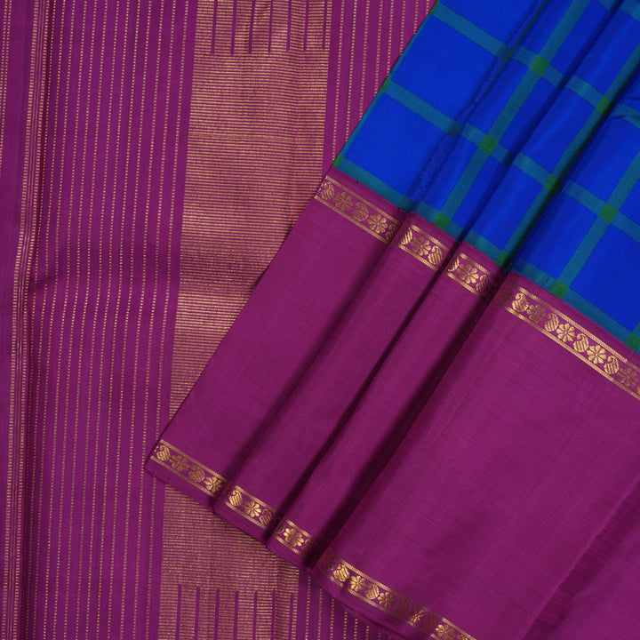 Hayagrivas Handloom Blue & Green Checks Kanjivaram Silk Saree with Purple Border KBE1235I12-1