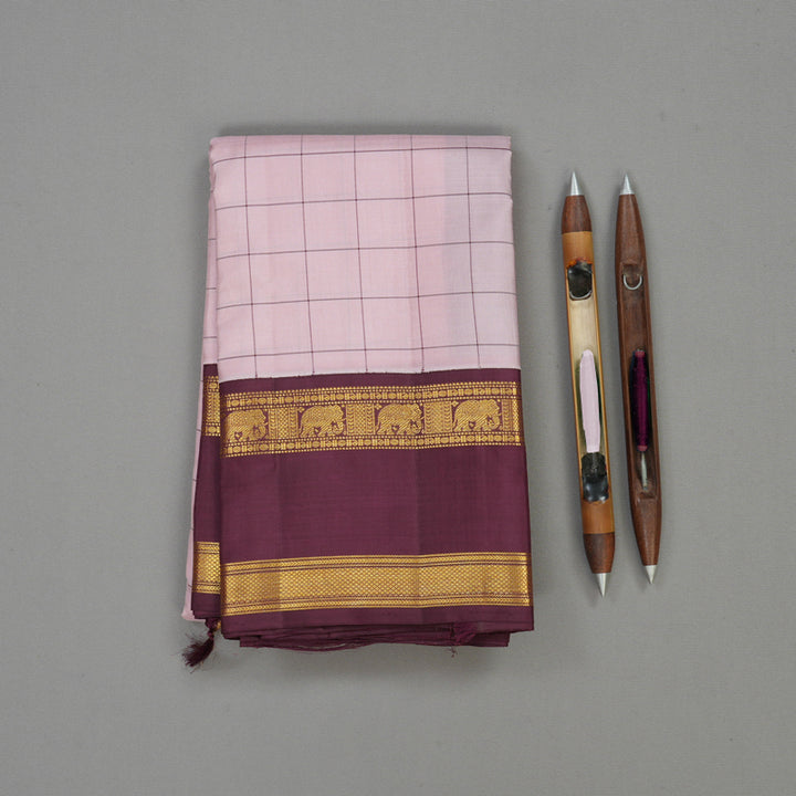 Hayagrivas Handloom Rose Pink Kanjivaram Silk Saree with Wine Maroon Border KBE1235I16-1