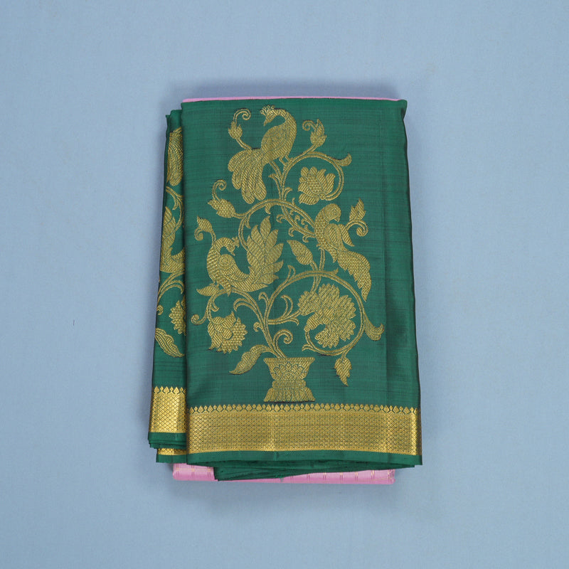 Hayagrivas Handloom Rose Pink Kanjivaram Silk Saree with Dark Green Border KBE1235I23-2
