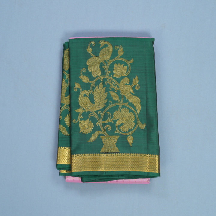 Hayagrivas Handloom Rose Pink Kanjivaram Silk Saree with Dark Green Border KBE1235I23-2
