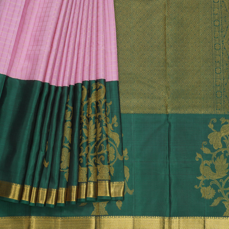 Hayagrivas Handloom Rose Pink Kanjivaram Silk Saree with Dark Green Border KBE1235I23-2