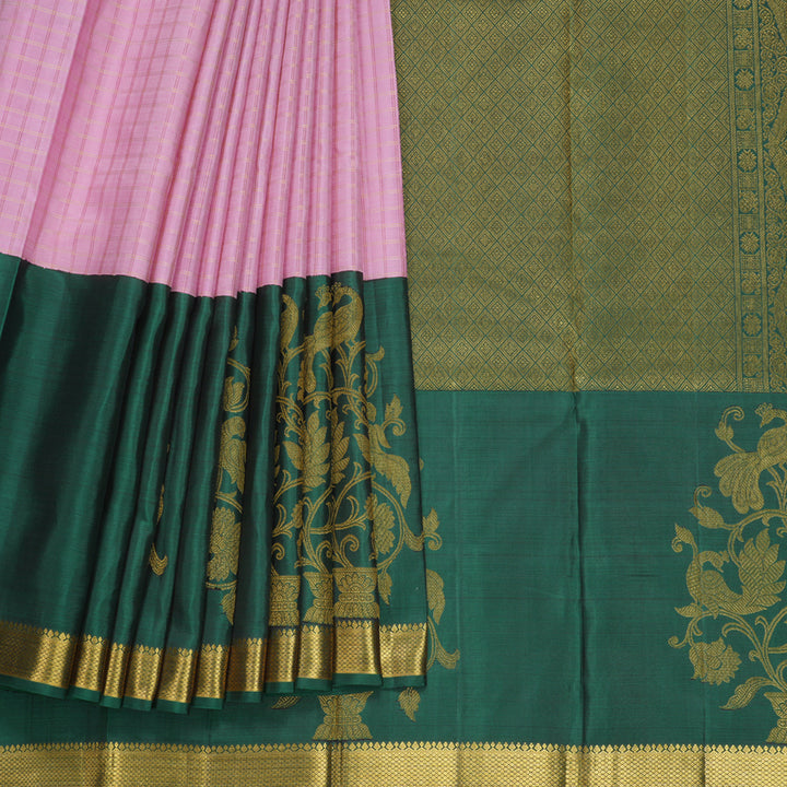 Hayagrivas Handloom Rose Pink Kanjivaram Silk Saree with Dark Green Border KBE1235I23-2