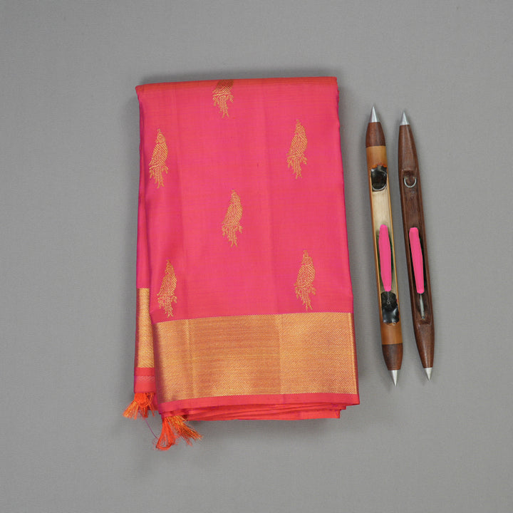 Hayagrivas Handloom Orangish Pink Kanjivaram Silk Saree KBE1235I8-1