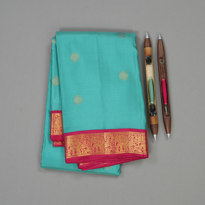 Hayagrivas Handloom Teal Kanjivaram Silk Saree with Pink border KBE1238I14-1