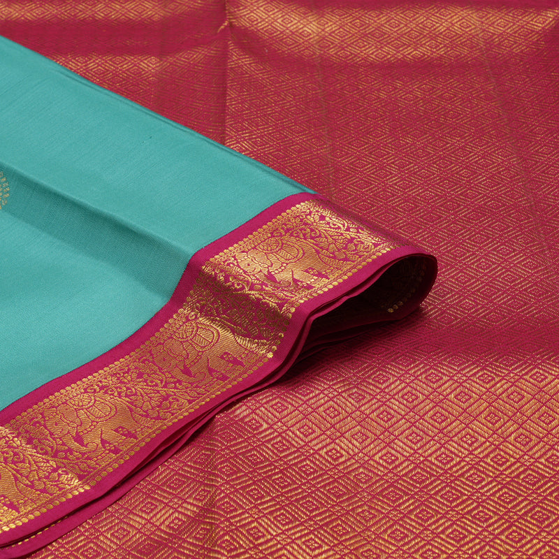Hayagrivas Handloom Teal Kanjivaram Silk Saree with Pink border KBE1238I14-1