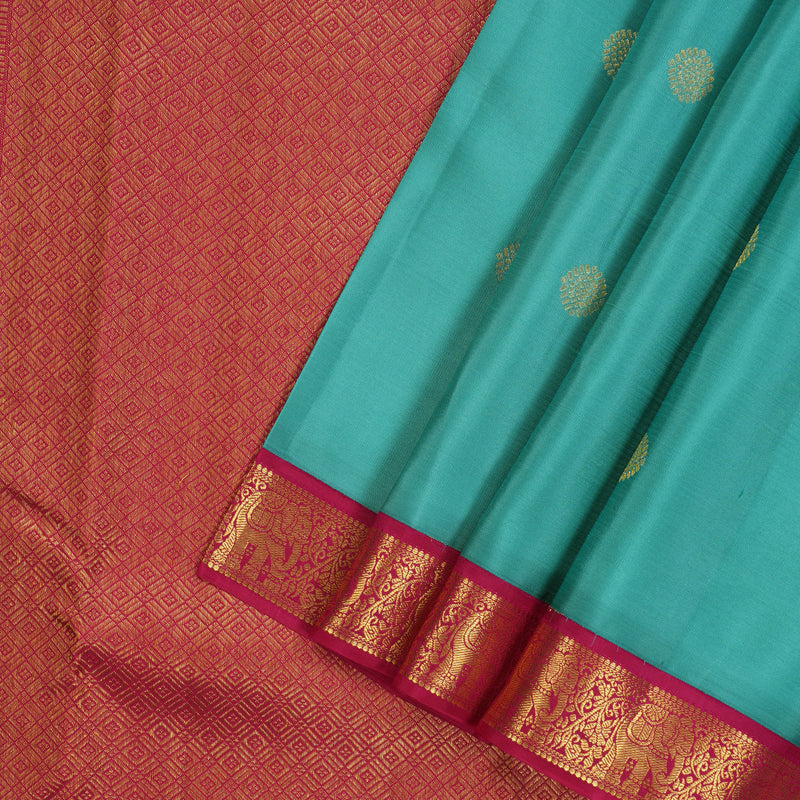 Hayagrivas Handloom Teal Kanjivaram Silk Saree with Pink border KBE1238I14-1