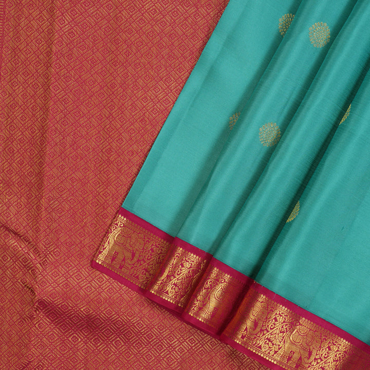 Hayagrivas Handloom Teal Kanjivaram Silk Saree with Pink border KBE1238I14-1