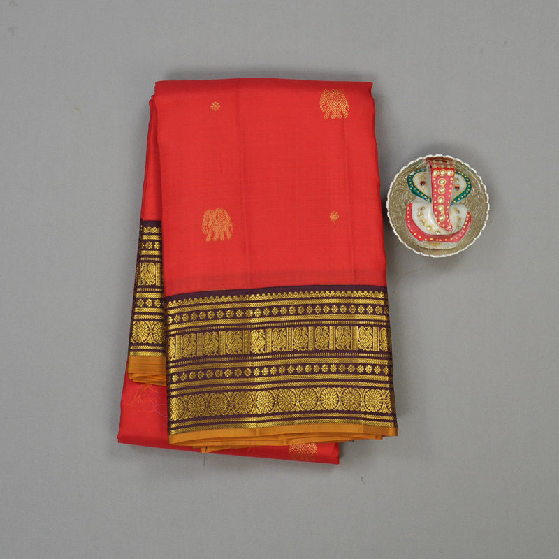 Hayagrivas Handloom Red Kanjivaram Silk Saree with Wine Brown Border KBE1238I16-7