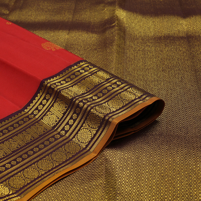 Hayagrivas Handloom Red Kanjivaram Silk Saree with Wine Brown Border KBE1238I16-7