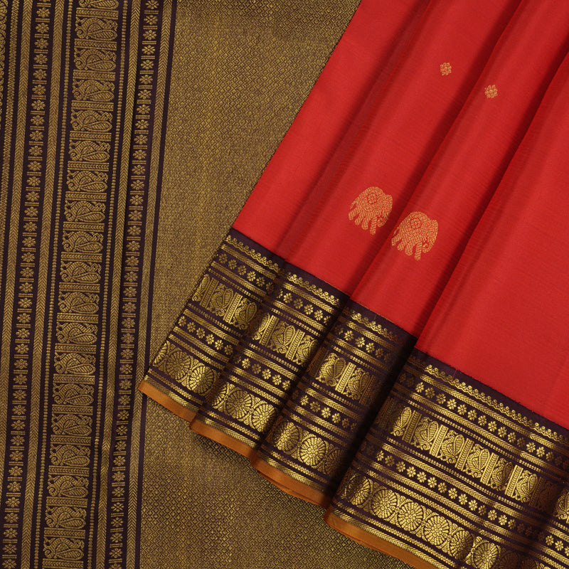 Hayagrivas Handloom Red Kanjivaram Silk Saree with Wine Brown Border KBE1238I16-7