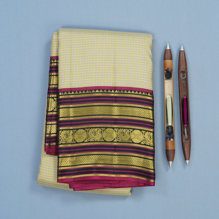 Hayagrivas Handloom Pista Green & Onion Pink Muted Checks Kanjivaram Silk Saree KBE1238I24-1