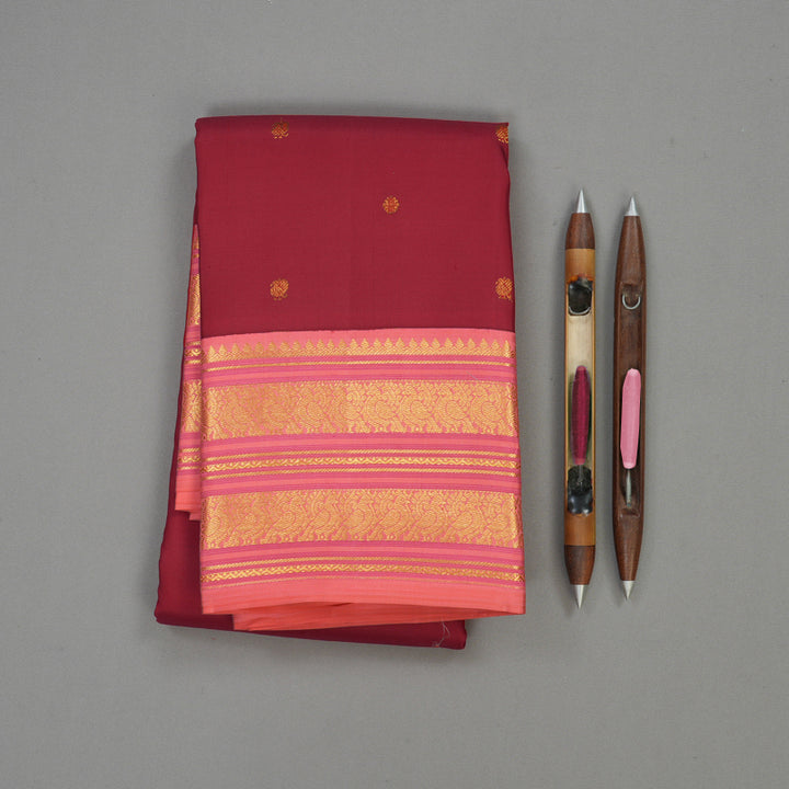 Hayagrivas Handloom Crimson Red Kanjivaram Silk Saree with Peach Pink Border KBE1238I27-1