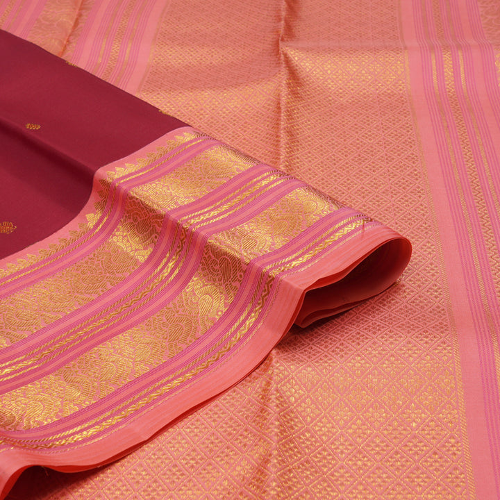 Hayagrivas Handloom Crimson Red Kanjivaram Silk Saree with Peach Pink Border KBE1238I27-1