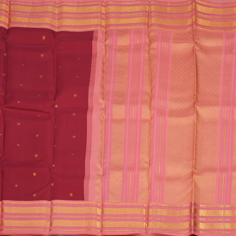 Hayagrivas Handloom Crimson Red Kanjivaram Silk Saree with Peach Pink Border KBE1238I27-1