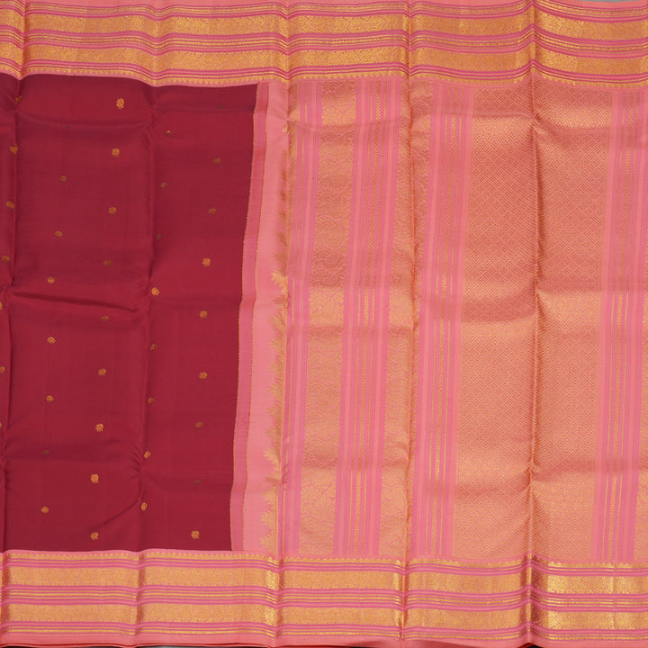 Hayagrivas Handloom Crimson Red Kanjivaram Silk Saree with Peach Pink Border KBE1238I27-1