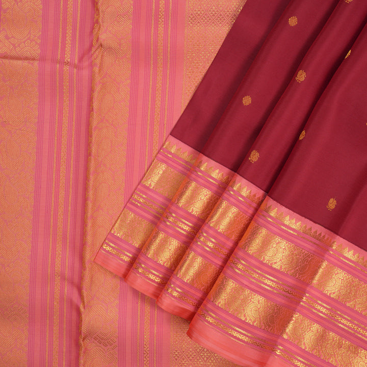 Hayagrivas Handloom Crimson Red Kanjivaram Silk Saree with Peach Pink Border KBE1238I27-1