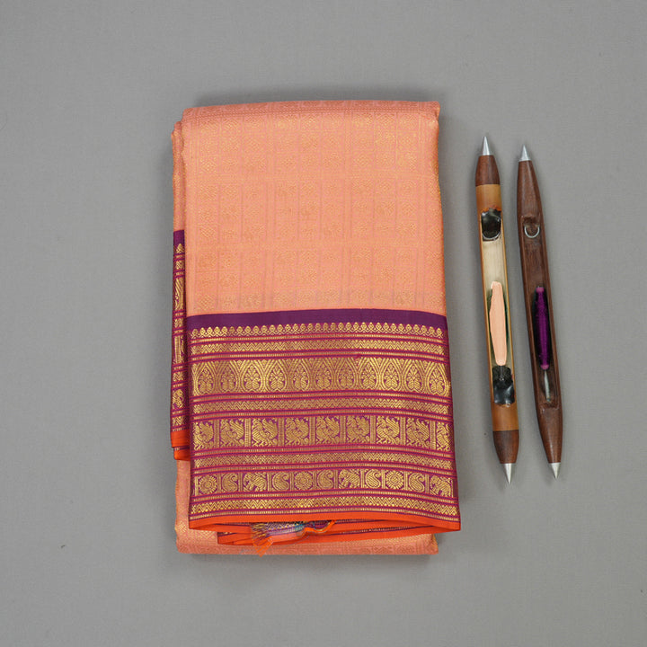 Hayagrivas Handloom Peach Kanjivaram Silk Saree with Wine Purple Border KBE1238I36-4
