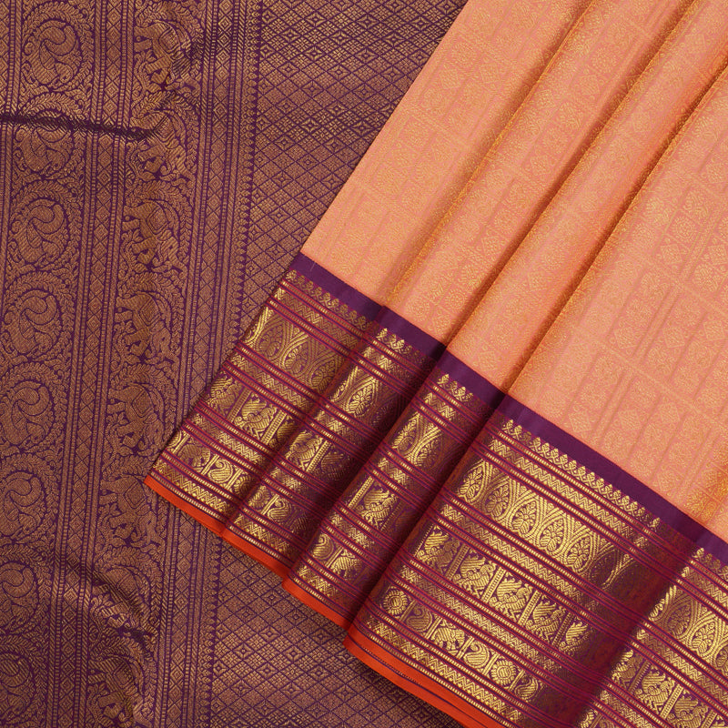 Hayagrivas Handloom Peach Kanjivaram Silk Saree with Wine Purple Border KBE1238I36-4