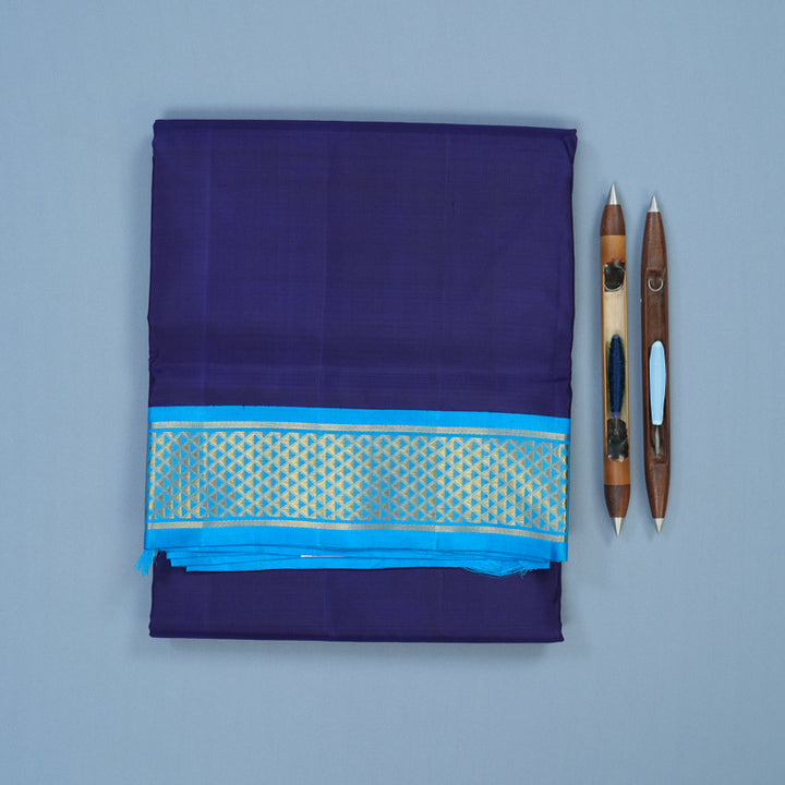 Hayagrivas Handloom Navy Blue Ten Yards Silk Saree with Sky Blue Border KBE1241I12-1