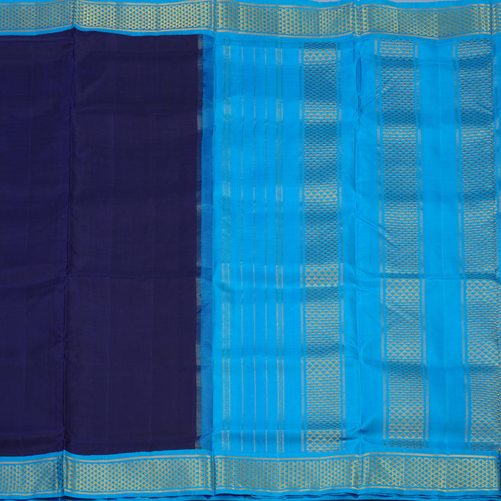 Hayagrivas Handloom Navy Blue Ten Yards Silk Saree with Sky Blue Border KBE1241I12-1