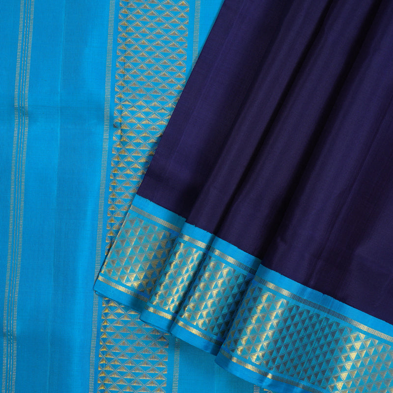 Hayagrivas Handloom Navy Blue Ten Yards Silk Saree with Sky Blue Border KBE1241I12-1