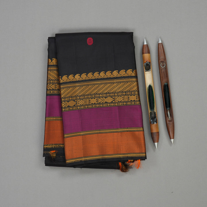 Hayagrivas Handloom Black Kanjivaram Silk Saree with Rust Orange & Wine Purple Border KBE1242I4-1