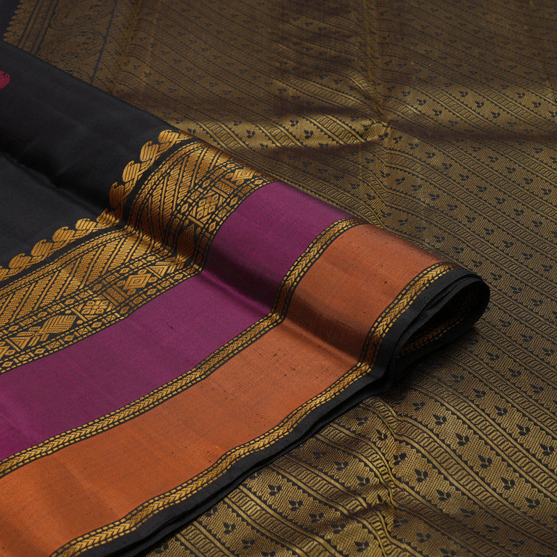 Hayagrivas Handloom Black Kanjivaram Silk Saree with Rust Orange & Wine Purple Border KBE1242I4-1