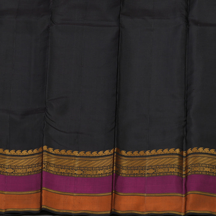 Hayagrivas Handloom Black Kanjivaram Silk Saree with Rust Orange & Wine Purple Border KBE1242I4-1