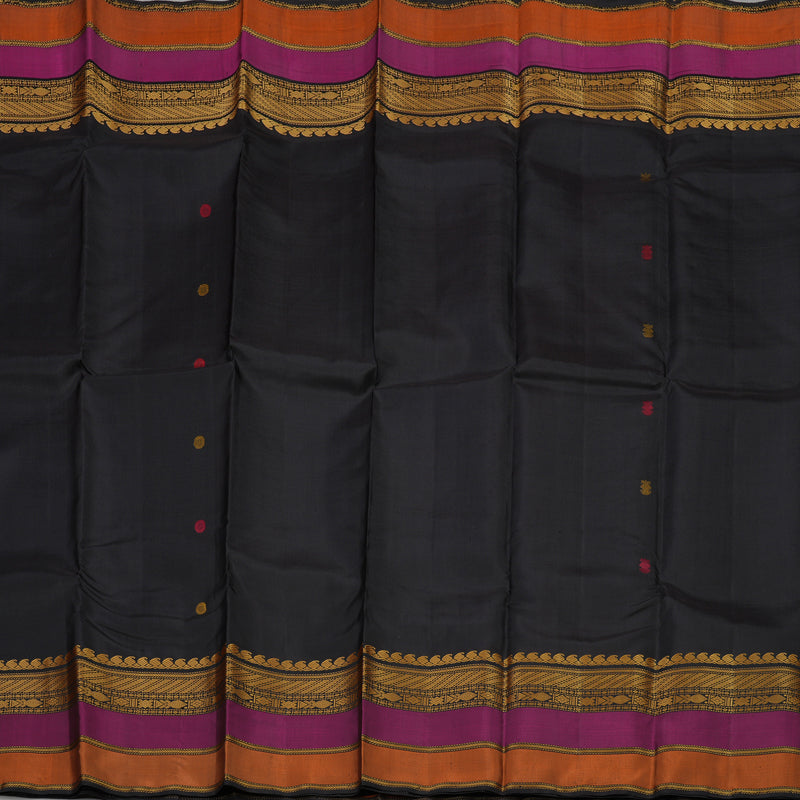 Hayagrivas Handloom Black Kanjivaram Silk Saree with Rust Orange & Wine Purple Border KBE1242I4-1
