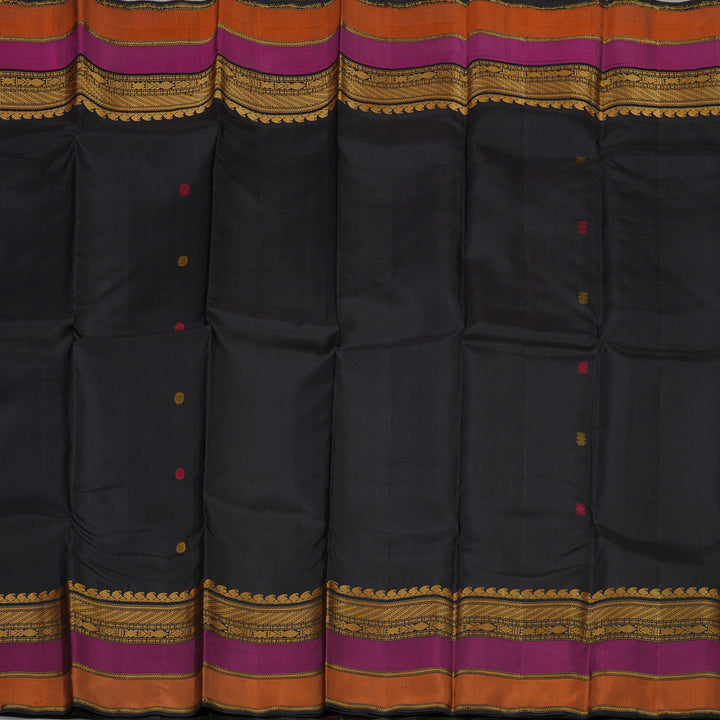 Hayagrivas Handloom Black Kanjivaram Silk Saree with Rust Orange & Wine Purple Border KBE1242I4-1