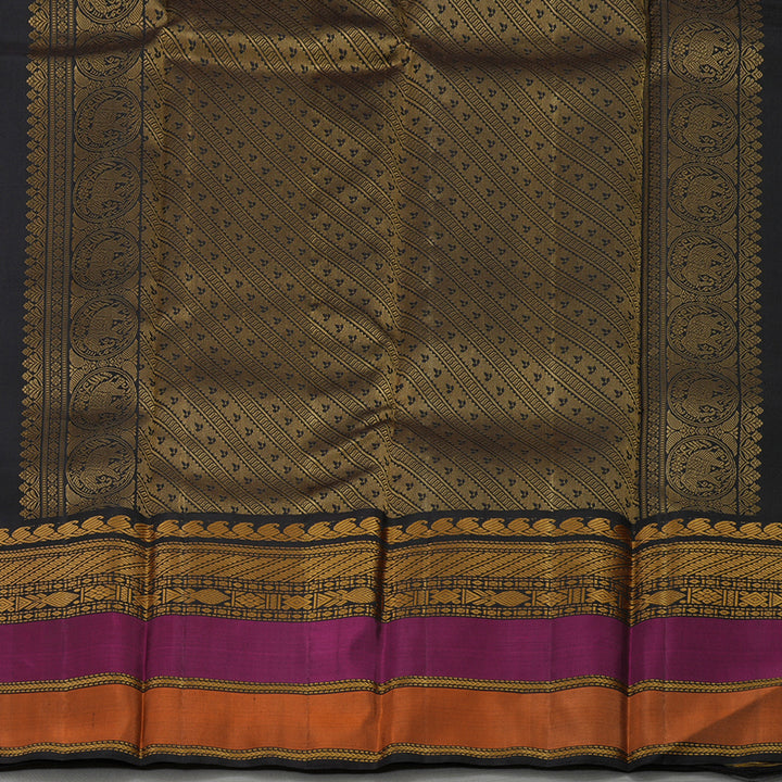 Hayagrivas Handloom Black Kanjivaram Silk Saree with Rust Orange & Wine Purple Border KBE1242I4-1
