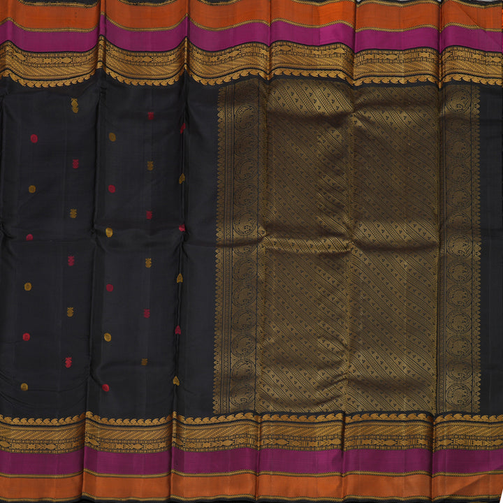 Hayagrivas Handloom Black Kanjivaram Silk Saree with Rust Orange & Wine Purple Border KBE1242I4-1