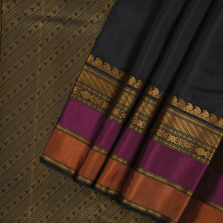 Hayagrivas Handloom Black Kanjivaram Silk Saree with Rust Orange & Wine Purple Border KBE1242I4-1