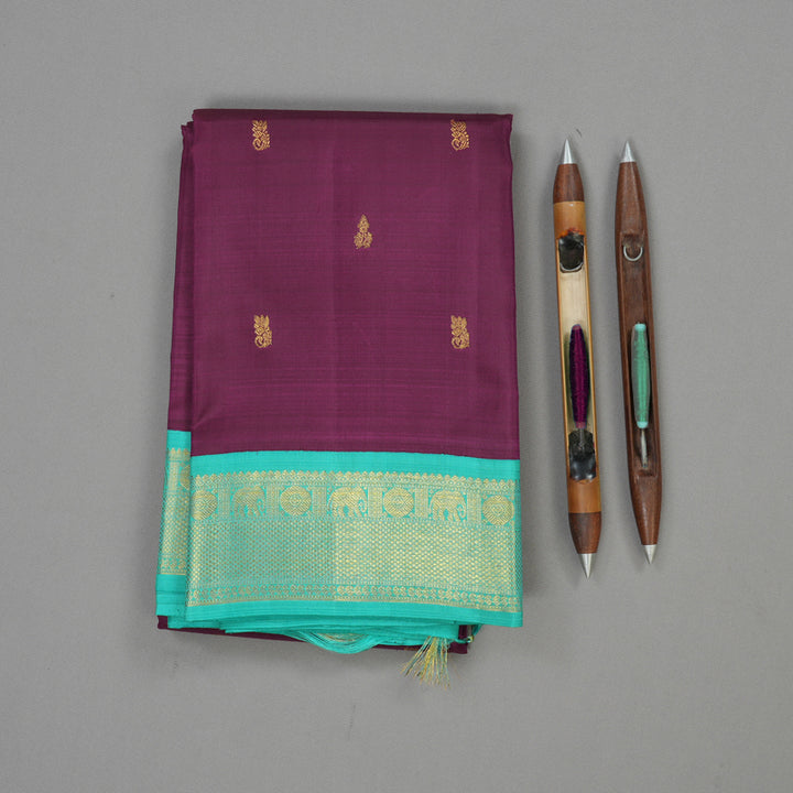 Hayagrivas Handloom Wine Purple Kanjivaram Silk Saree with Teal Border KBE1249I2-5