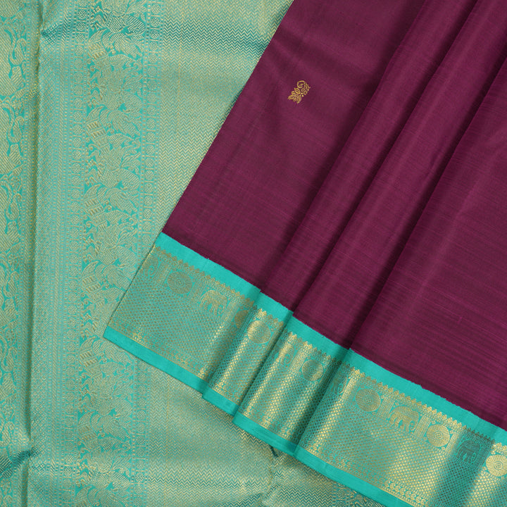 Hayagrivas Handloom Wine Purple Kanjivaram Silk Saree with Teal Border KBE1249I2-5