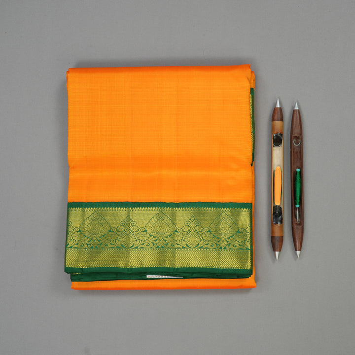 Hayagrivas Handloom Mango Orange Kanjivaram Ten Yards Silk Saree with Dark Green Border KBE1255I1-2