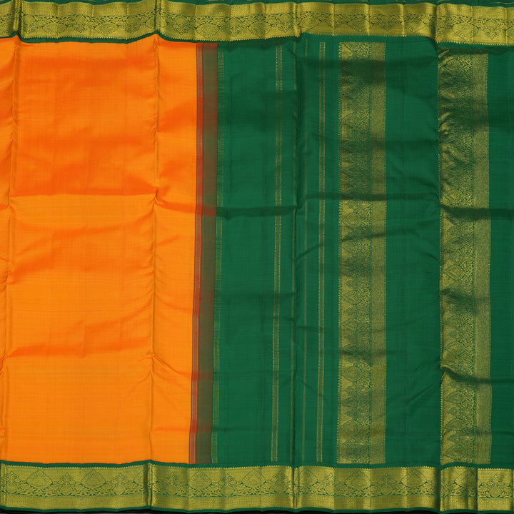 Hayagrivas Handloom Mango Orange Kanjivaram Ten Yards Silk Saree with Dark Green Border KBE1255I1-2