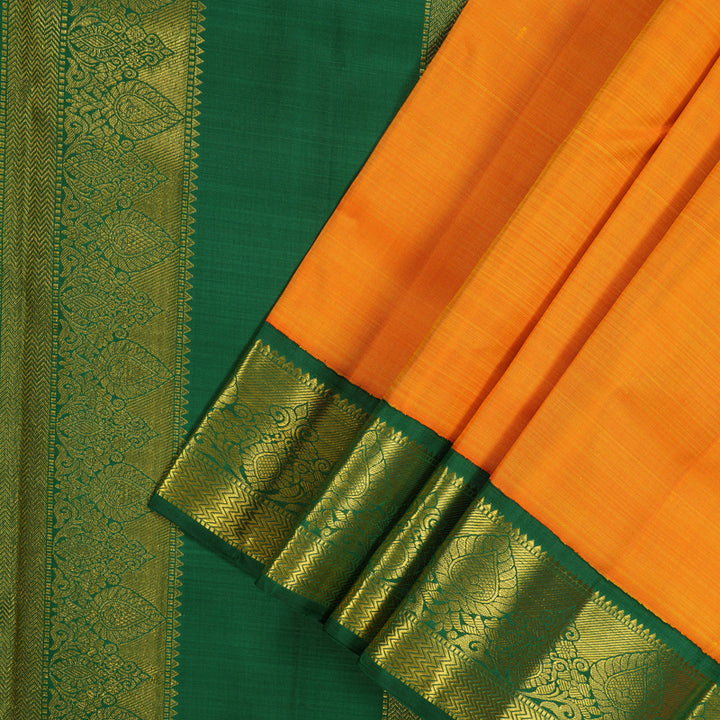 Hayagrivas Handloom Mango Orange Kanjivaram Ten Yards Silk Saree with Dark Green Border KBE1255I1-2