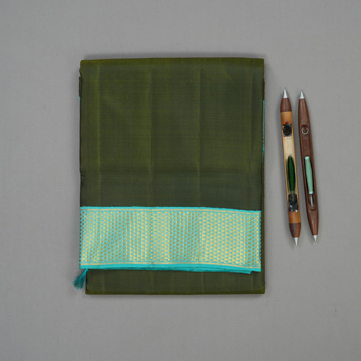 Hayagrivas Olive Green Pure Ten Yards Silk Madisar with Sea Blue border KBE1255I1-5