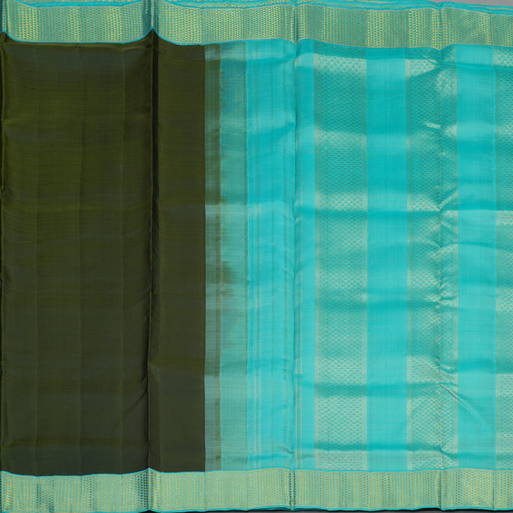 Hayagrivas Olive Green Pure Ten Yards Silk Madisar with Sea Blue border KBE1255I1-5