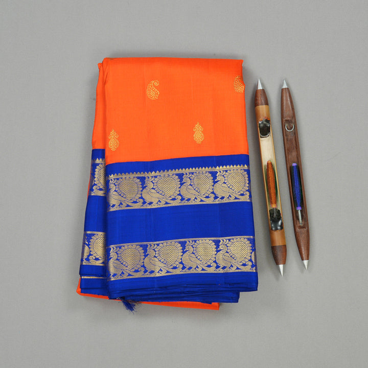 Hayagrivas Orange Handloom Kanjivaram Silk Saree with Blue Border KBE125D2-4