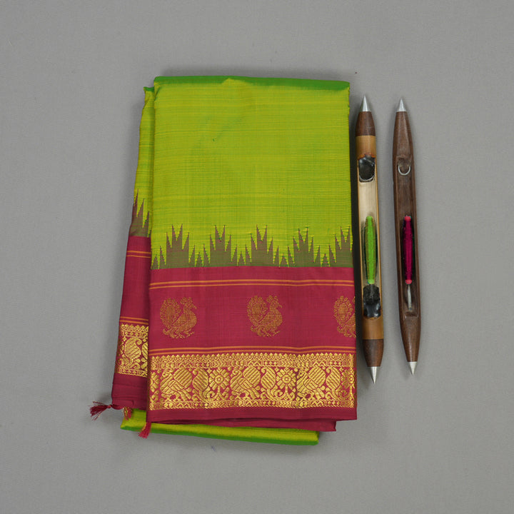 Hayagrivas Handloom Fluorescent Green Kanjivaram Silk Saree with Maroon Border KBE1265I3-1
